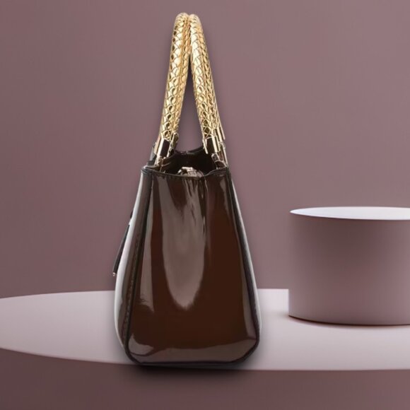 Brown Patent Leather Handbag With Gold Braided Handles - Picture 2 of 3